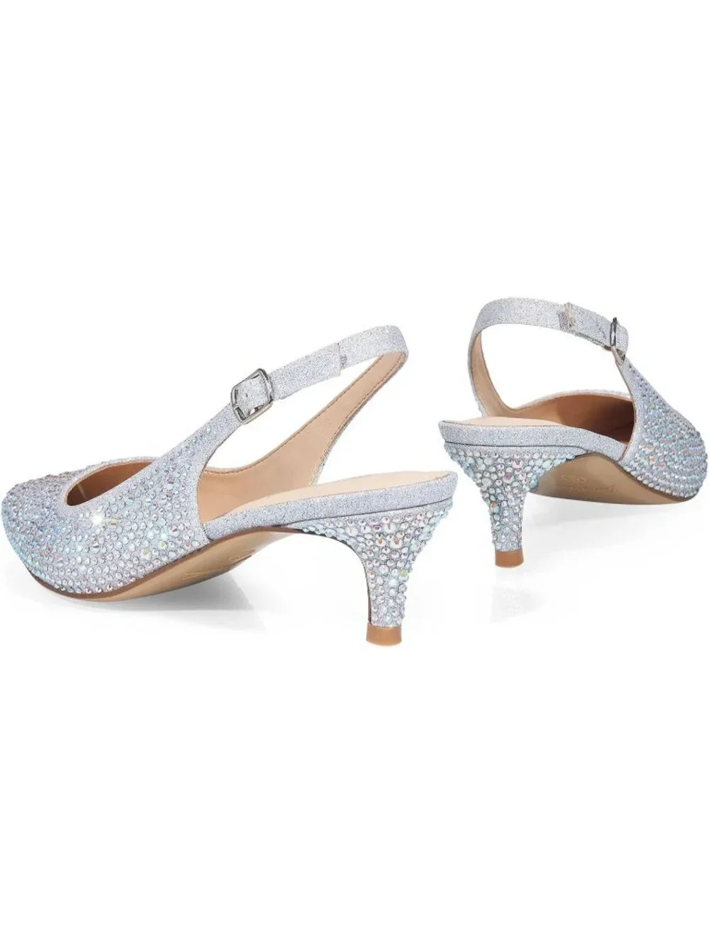 Womens Silver Rhinestone Slingback Pump Closed Toe Elegant Low Kitten Heel Shoes